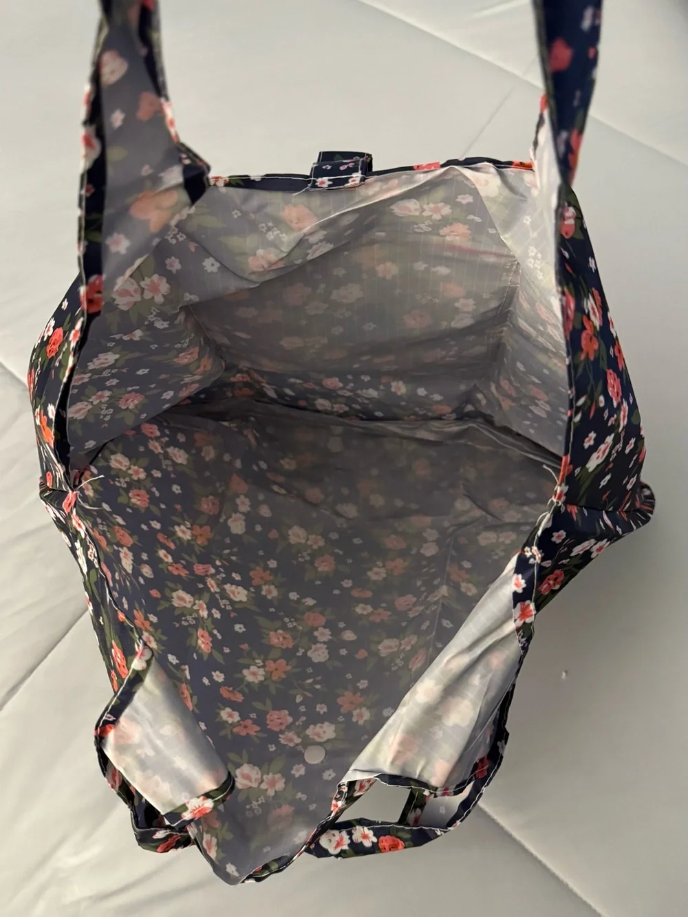 Foldable Reusable Shopping Tote Bag Navy Floral Zip Pouch Eco Grocery